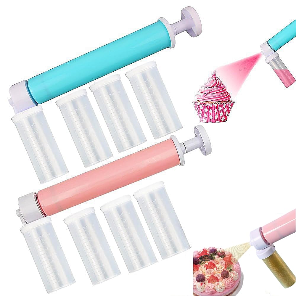 Manual Airbrush for Cake Decorating, Plastic DIY Baking Tools Kit With 4pcs Spray Tube for Kitchen Decorating Cupcakes, Cookies and Desserts, Pink+Blue