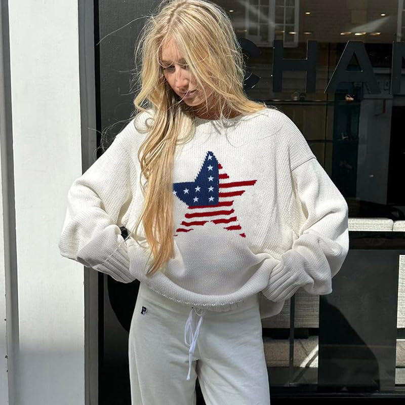 Women's American Flag Star Knit Sweater, Casual Loose Long Sleeve Pullover Sweater4