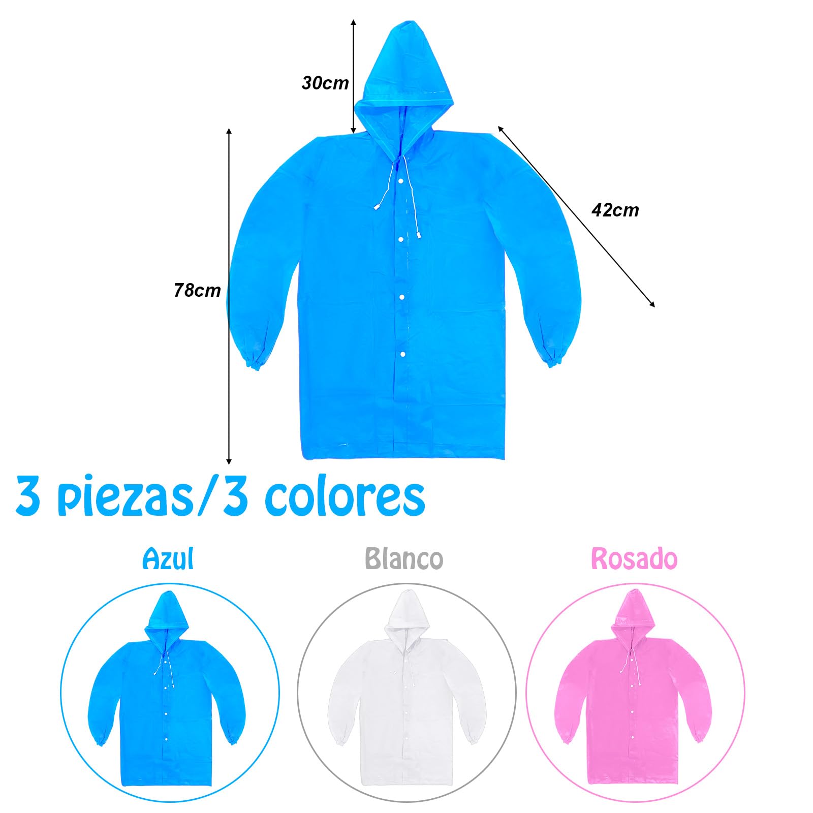 ZOCONE 3 Piezas Chubasquero Niño Reutilizable Poncho Impermeable Niño con Capucha y Botón, EVA Poncho Lluvia Capa de Chuva Criança Chubasquero Impermeable para Viajes, Senderismo, Camping