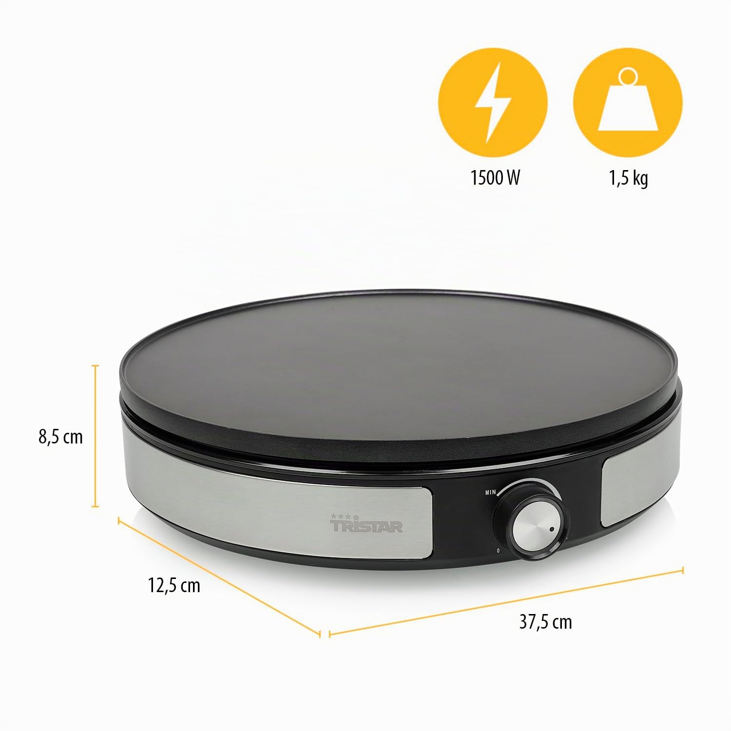 Tristar crêpière BP-2639 - ø33 cm - 1 grande crêpe ou 7 petites crêpes à la fois - Plaque amovible - 1 500 W, Noir