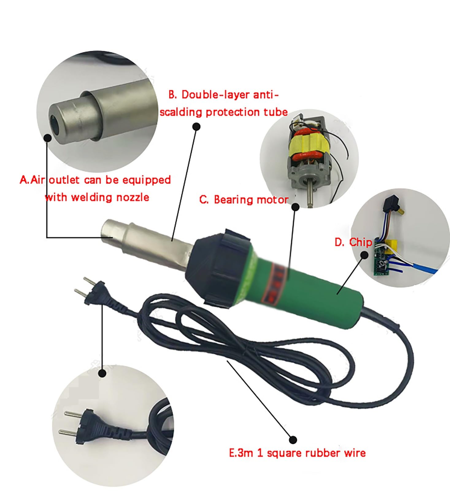 Pistola de soldadura de aire caliente para plástico PVC, reparación de techos y suelos, incluye boquillas y accesorios