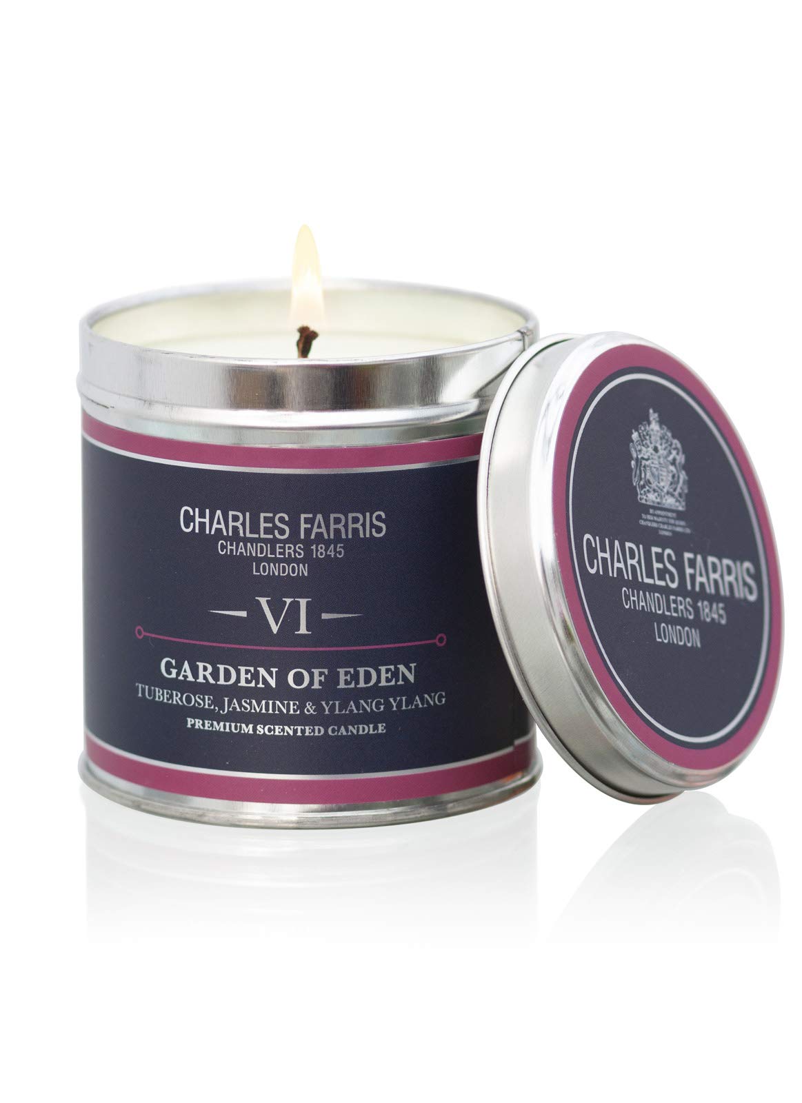 Charles Farris Garden of Eden Luxury Scented Signature Tin Candle - Tuberose, Jasmine & Ylang Ylang - Hand-Poured in England - 40 Hours+ Burn Time