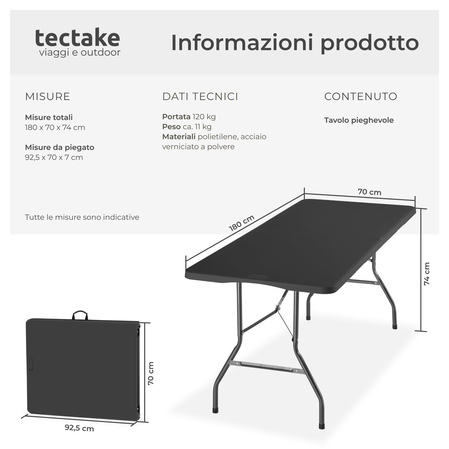 tectake® Tavolo da Esterno 180x70x74 cm, Tavolo Pieghevole a forma di Valigetta, Struttura in Acciaio, Blocco di sicurezza, Maniglia da trasporto, Tavolino da Esterno, Campeggio, Giardino - Antracite