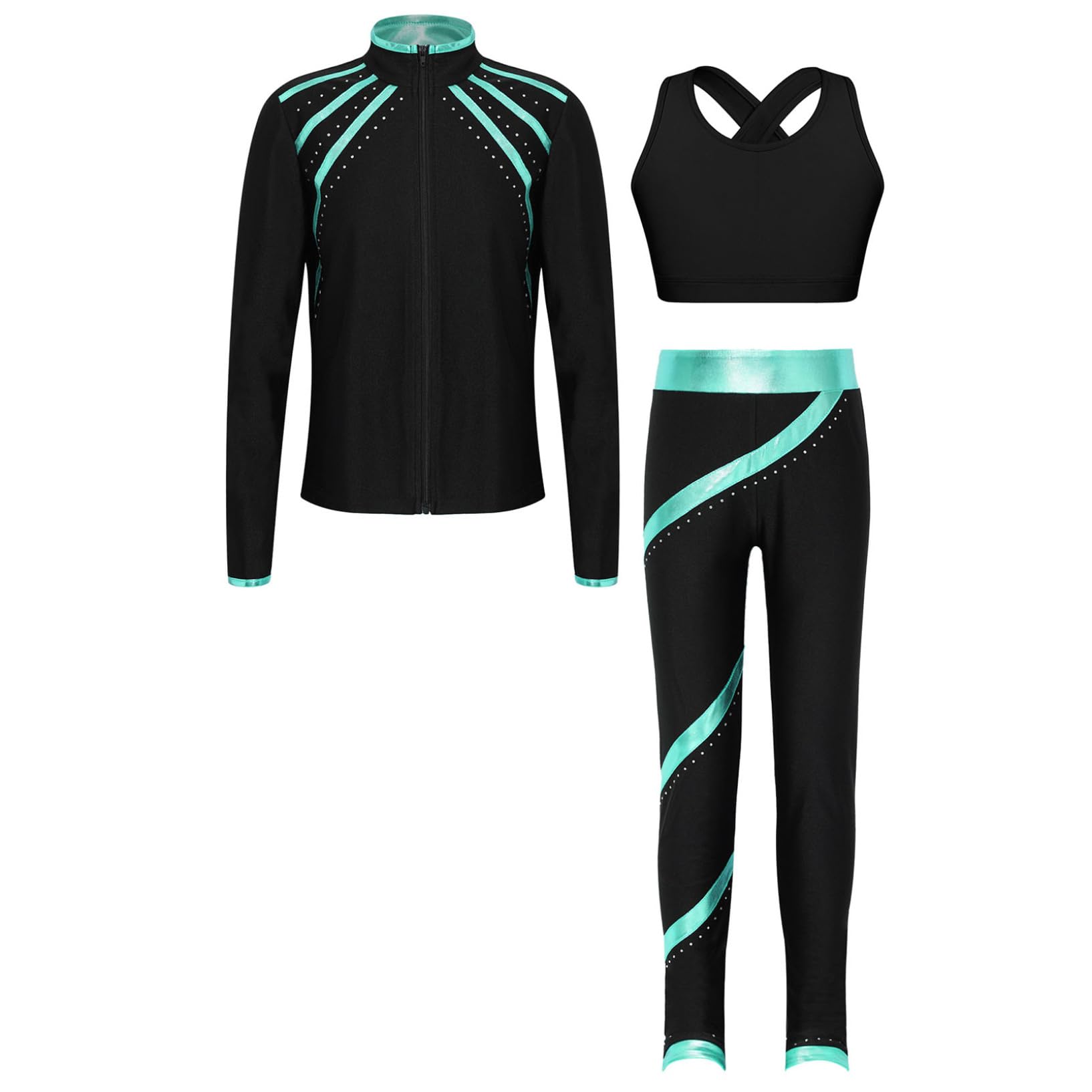 Oyolan Enfant Fille Ensemble Veste Patinage Artistique et Pantalon Strass Brillant Tenue Gymnastique Danse Entraînement 5-16 Ans Bleu vert 11-12 ans