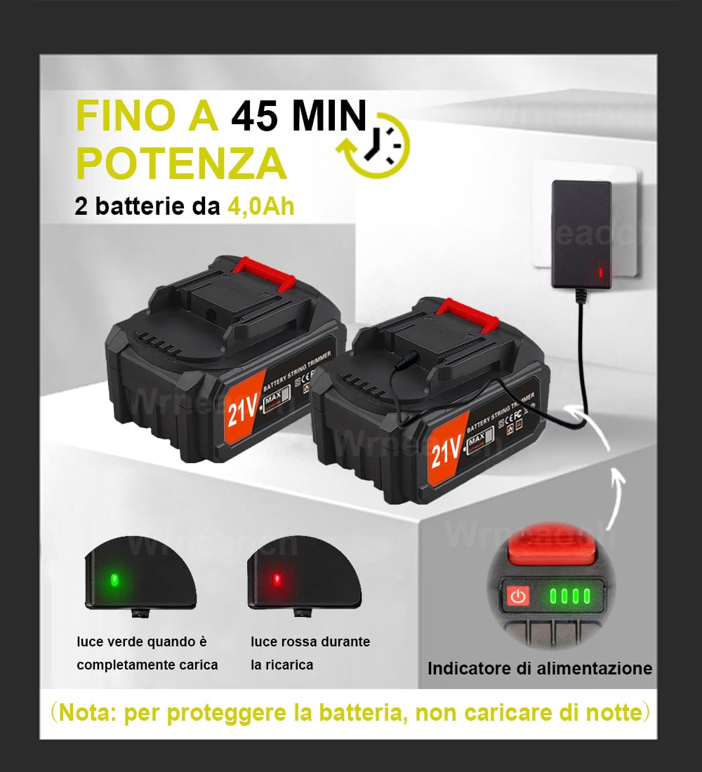 Wrneaoch 21V Decespugliatore a Batteria Elettrico con 12.000 RPM e motore da 850W Tagliabordi a Batteria con 2 Batterie da 4,0 Ah è Ideale per Tagliare l'erba in Modo Efficace e Senza Sforzo