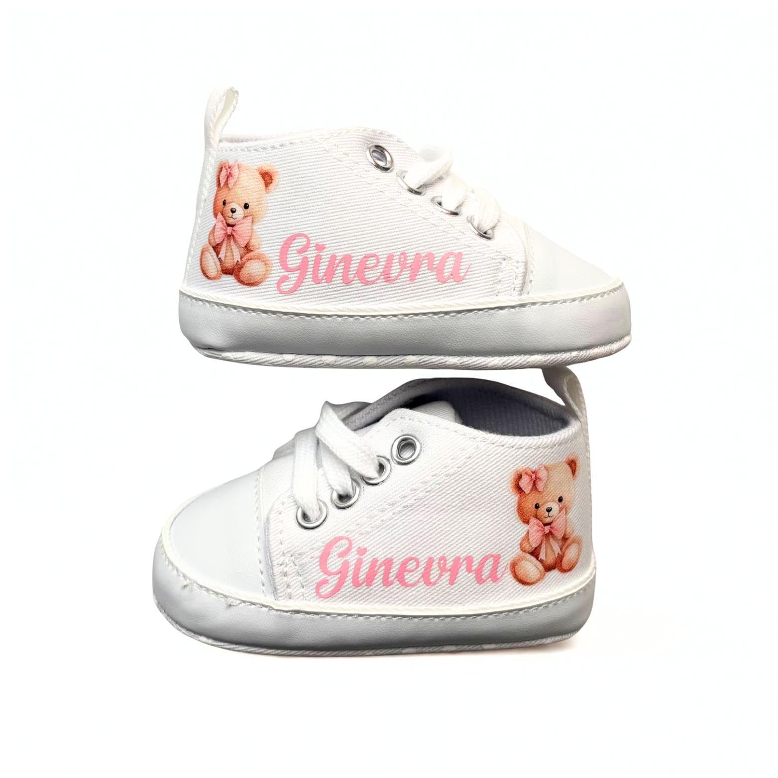 Newborn Baby Shoes, Personalised Name Shoes, Crib Shoes with Print (Pink-Bow Bear, 6-9 Months) - 1