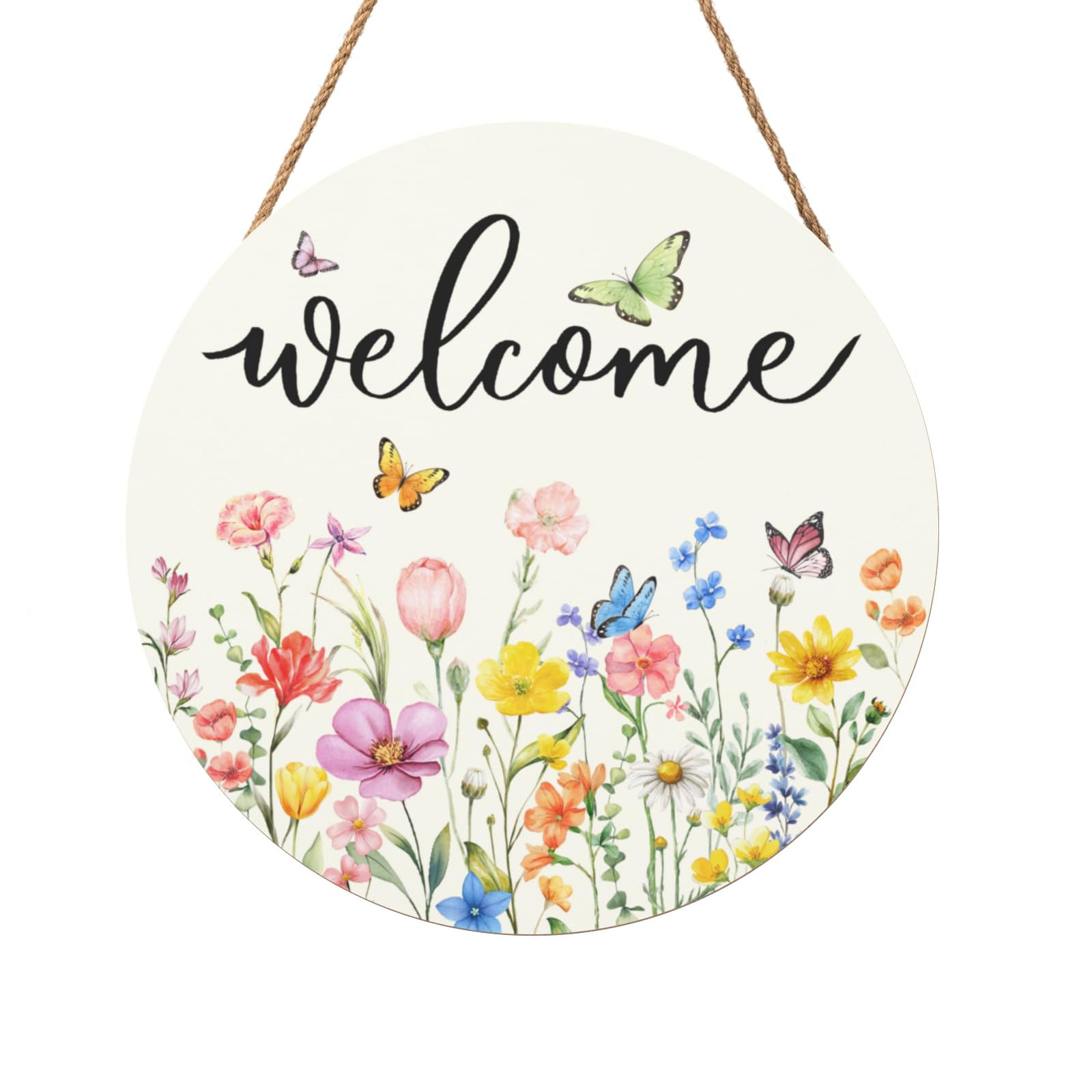 Spring Flowers Welcome Door Sign Colorful Floral Summer Door Hanger Home Decorations Spring Butterfly Wooden Hanging Sign Seasonal Farmhouse for Wall Porch 12x12 Inch