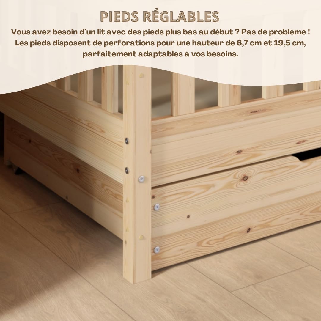 Crazy Blanco Lit de maison avec tiroirs, 90 x 200 cm, en bois naturel, avec protection anti-chute, design scandinave, lit de sol Montessori avec espace de rangement supplémentaire