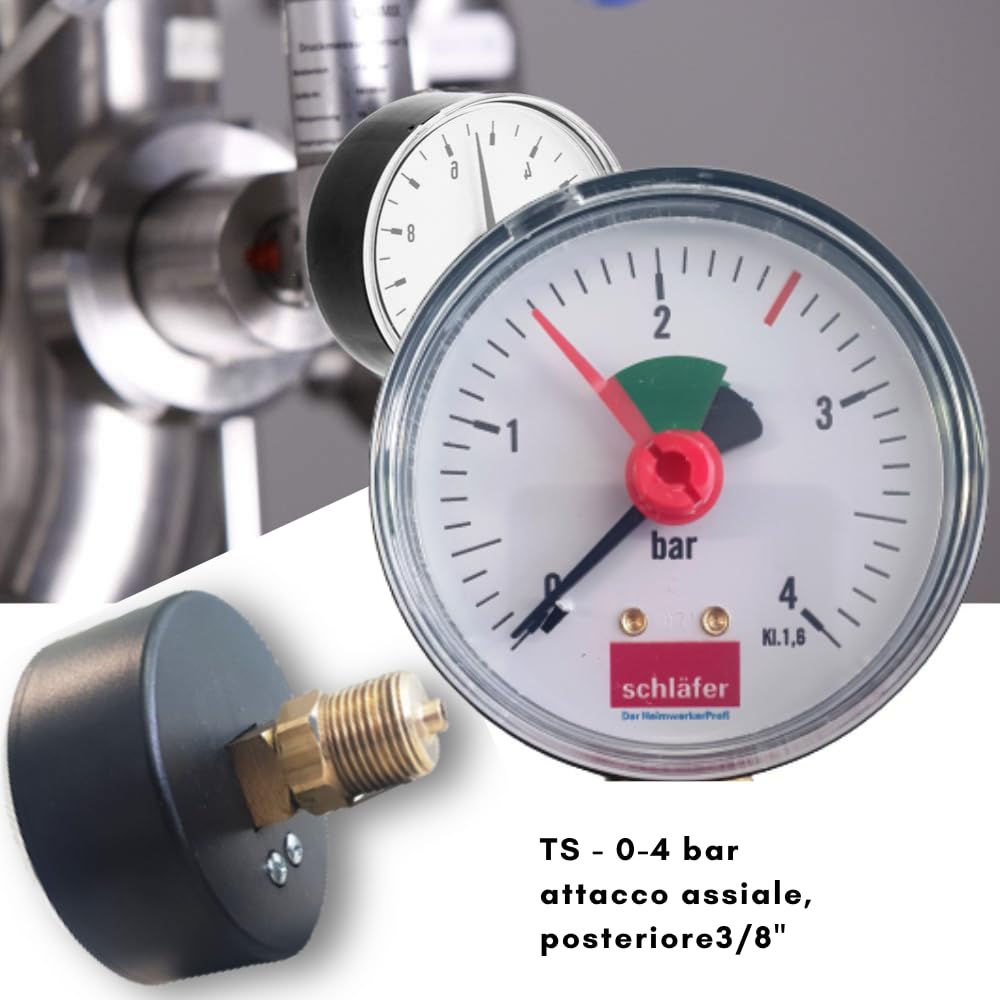Schläfer 0930162 | Hinteres hydraulisches Manometer Axialer Anschluss 3/8" Skala 0-4 bar 63 mm für Luft-Wasser-Heizungssysteme mit hydraulischer Druckanzeige
