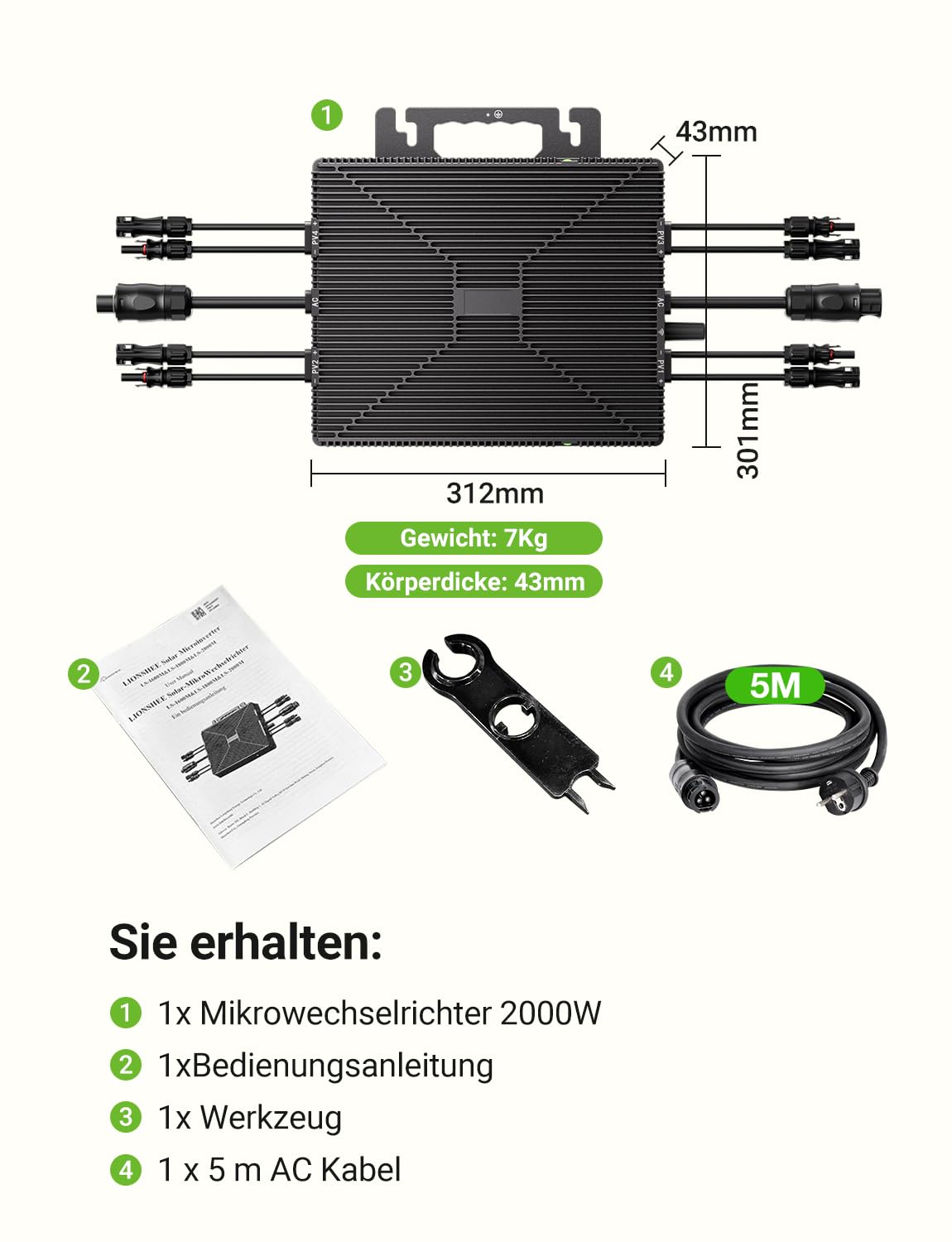 Wechselrichter 2000W mit WLAN & App, 4X MPPT 99.5% Tracking 800W-2000W Solar Wechselrichter mit IP67 Wasserdichter Mikrowechselrichter für Balkonkraftwerk, Inverter mit 5m AC-Kabel(0% MwSt)