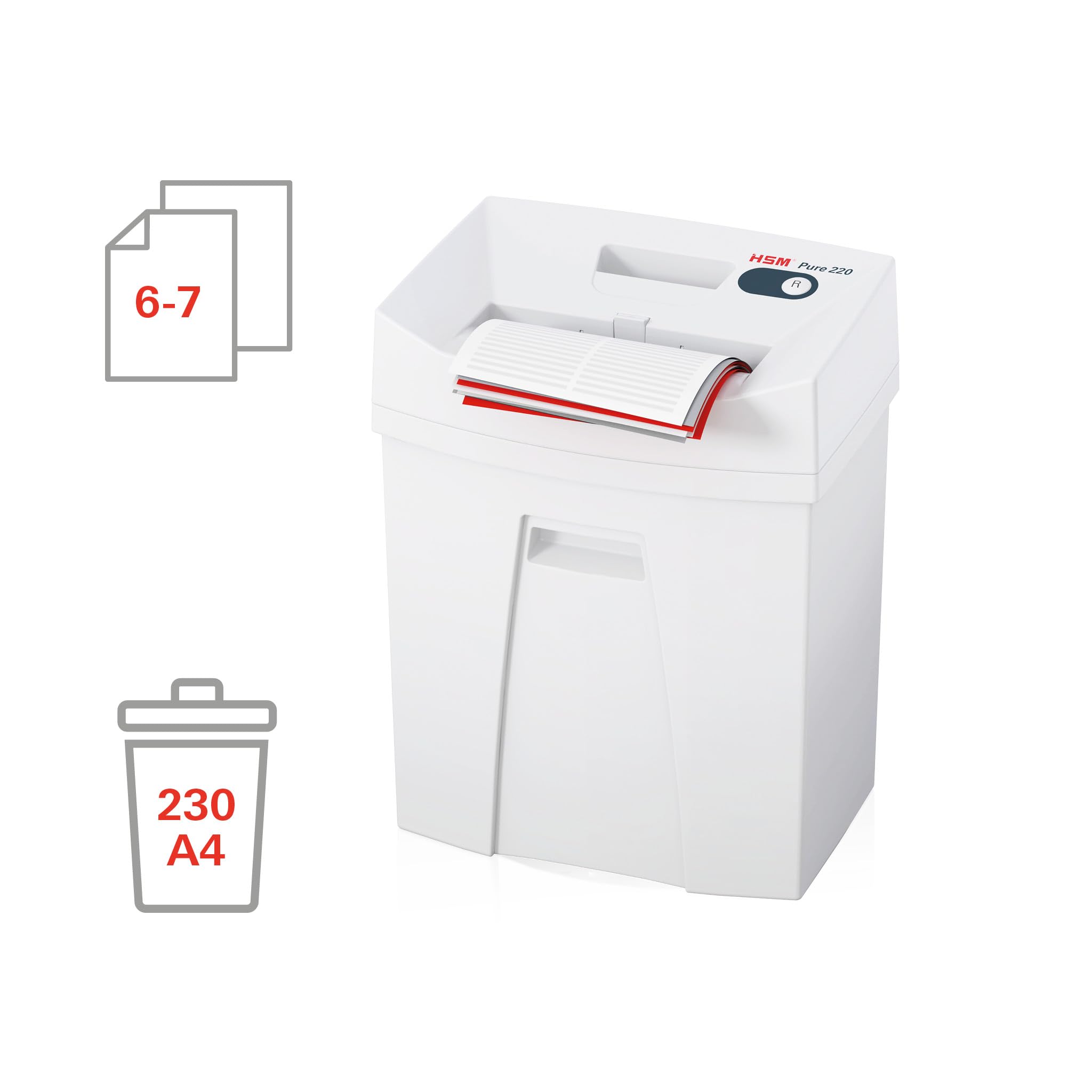 HSM Pure 220 Aktenvernichter I Partikelschnitt 4x25 mm I Sicherheitsstufe P-4 I Office Schredder für Papier, Kreditkarten, Heft- und Büroklammern I 25l Auffangbehälter I 7 Blatt I 5 J. Garantie