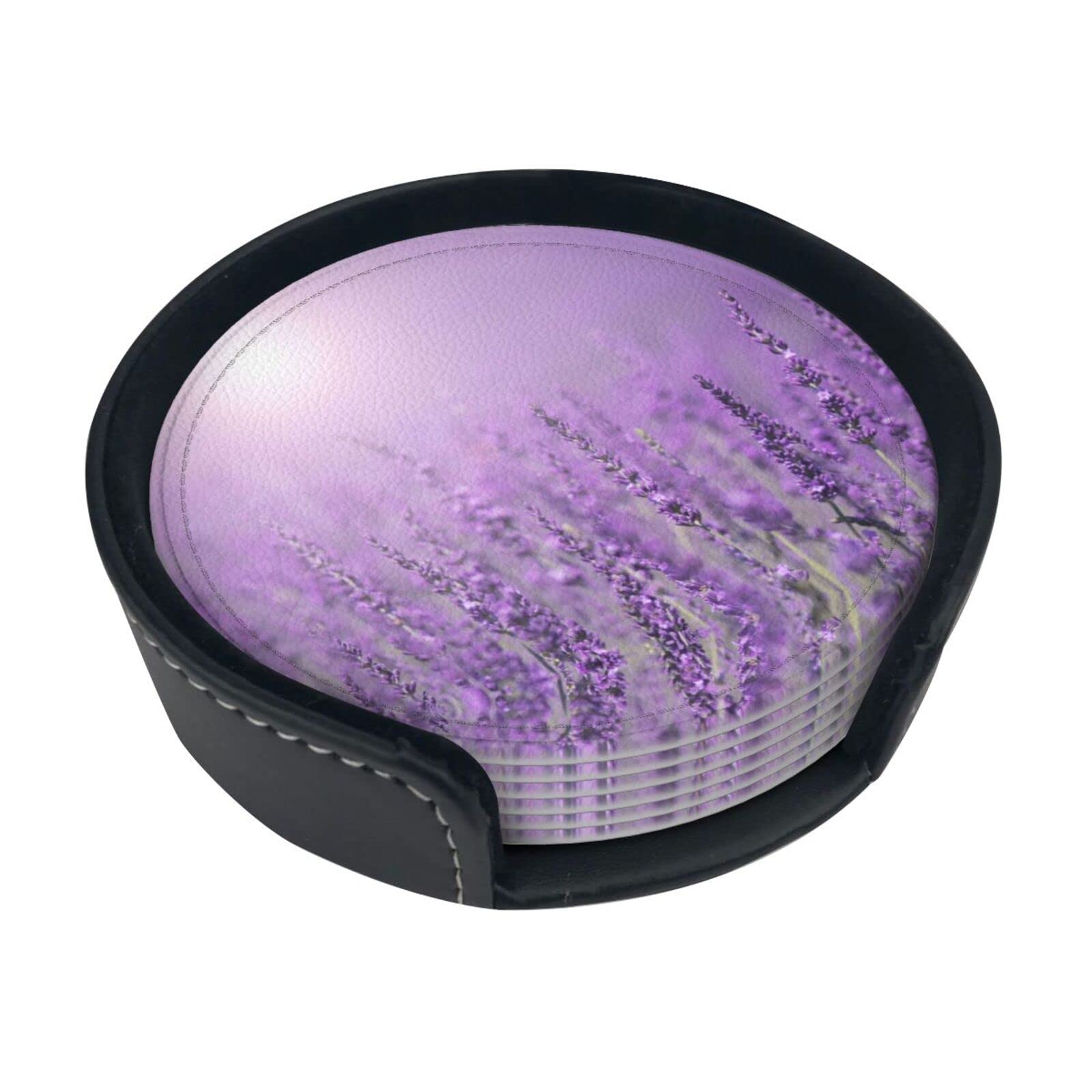 Coasters Set Of 6 Romantic Purple Lavender Print Leather Coasters For Drinks,Home Décor And Housewarming Gift