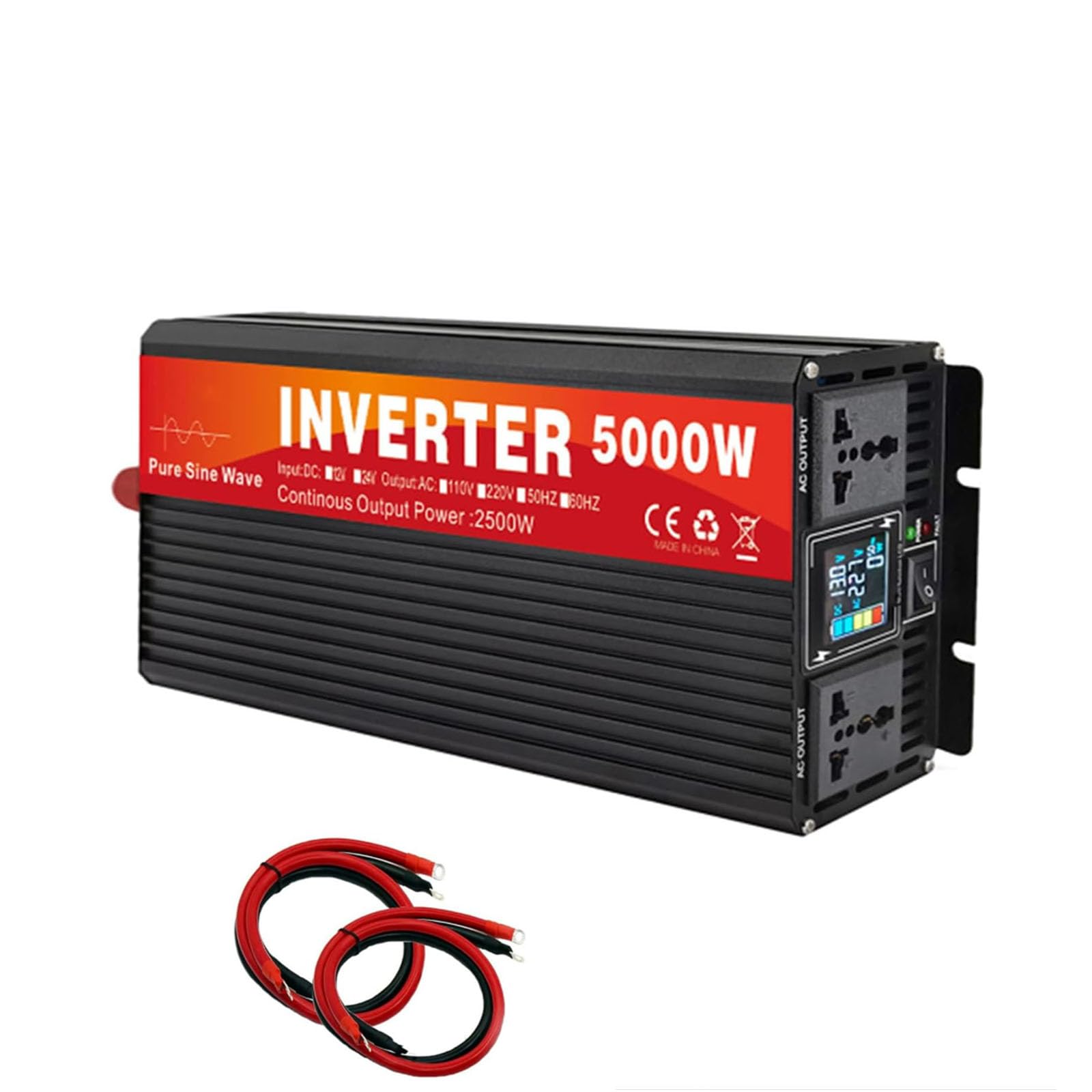 Inverter di Alimentazione per Auto 5000W DC 12V 24V 48V 60V | Inverter Fuori Rete a Onde Sinusoidali Puro 110V 220V AC per Casa, Camper, Camion, Emergenza con Display LCD