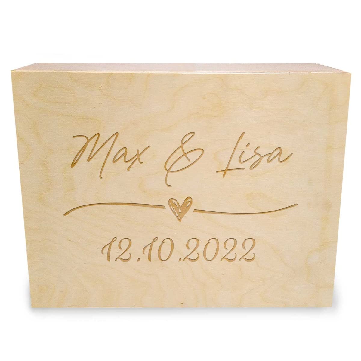 Erinnerungskiste mit Gravur für das Hochzeitspaar - im Wedding Love Design - Holzkiste Personalisiert mit Namen der Braut & des Bräutigams & des Datums - Geschenk zur Hochzeit Farbe Große Kiste
