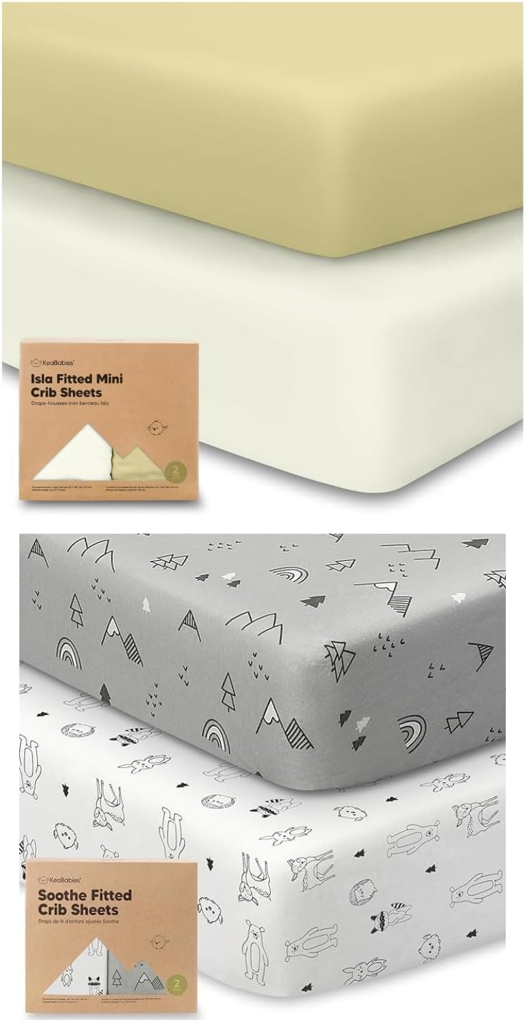 Keababies Pack and Play Sheets Fitted, 2-Pack Mini Crib Sheets and 2-Pack Crib Sheets - Fitted Crib Sheet for Pack and Play Mattress - Soft & Breathable Crib Sheets for Boys and Girls