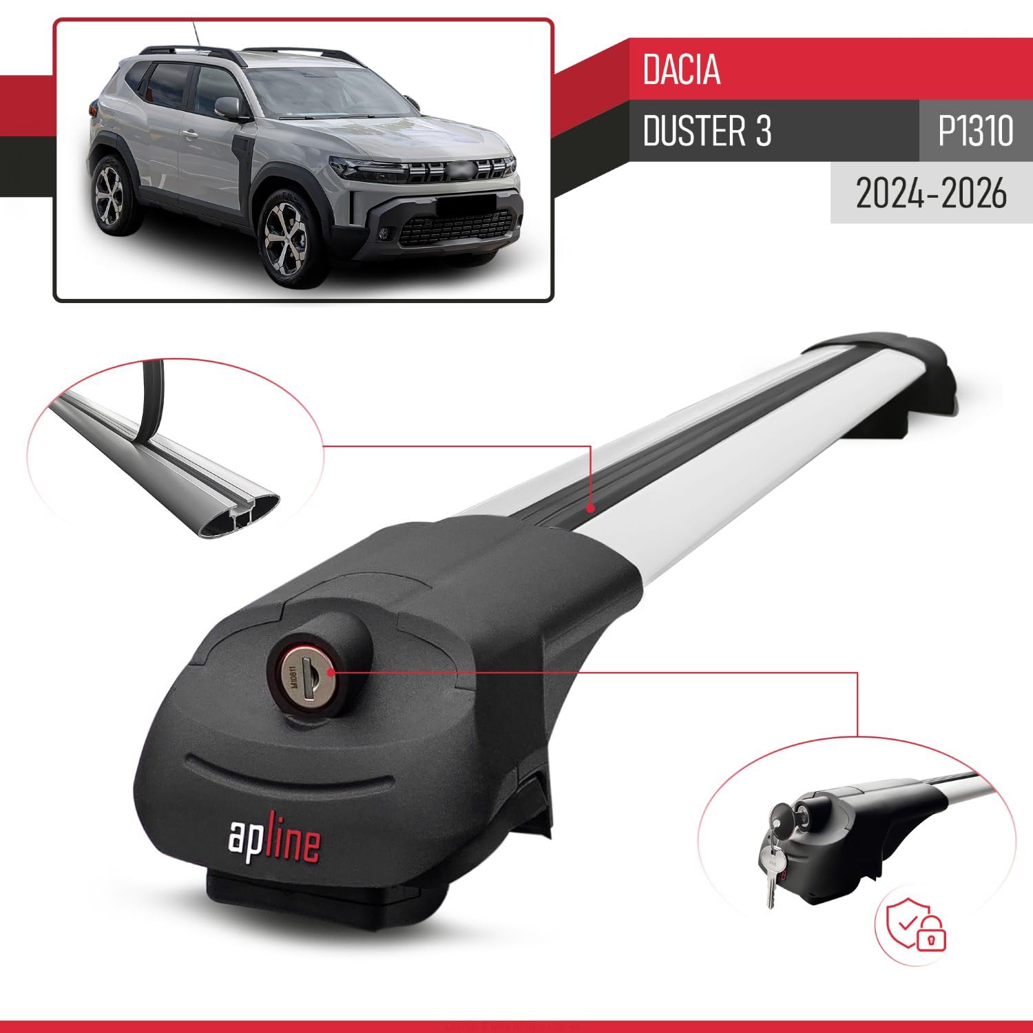 Compatibile con Dacia Duster 3 (P1310) 2024-2026 Modello ACE-1 Barre Tetto Portapacchi Auto Barre Portatutto Grigio Alluminio 2 Barre