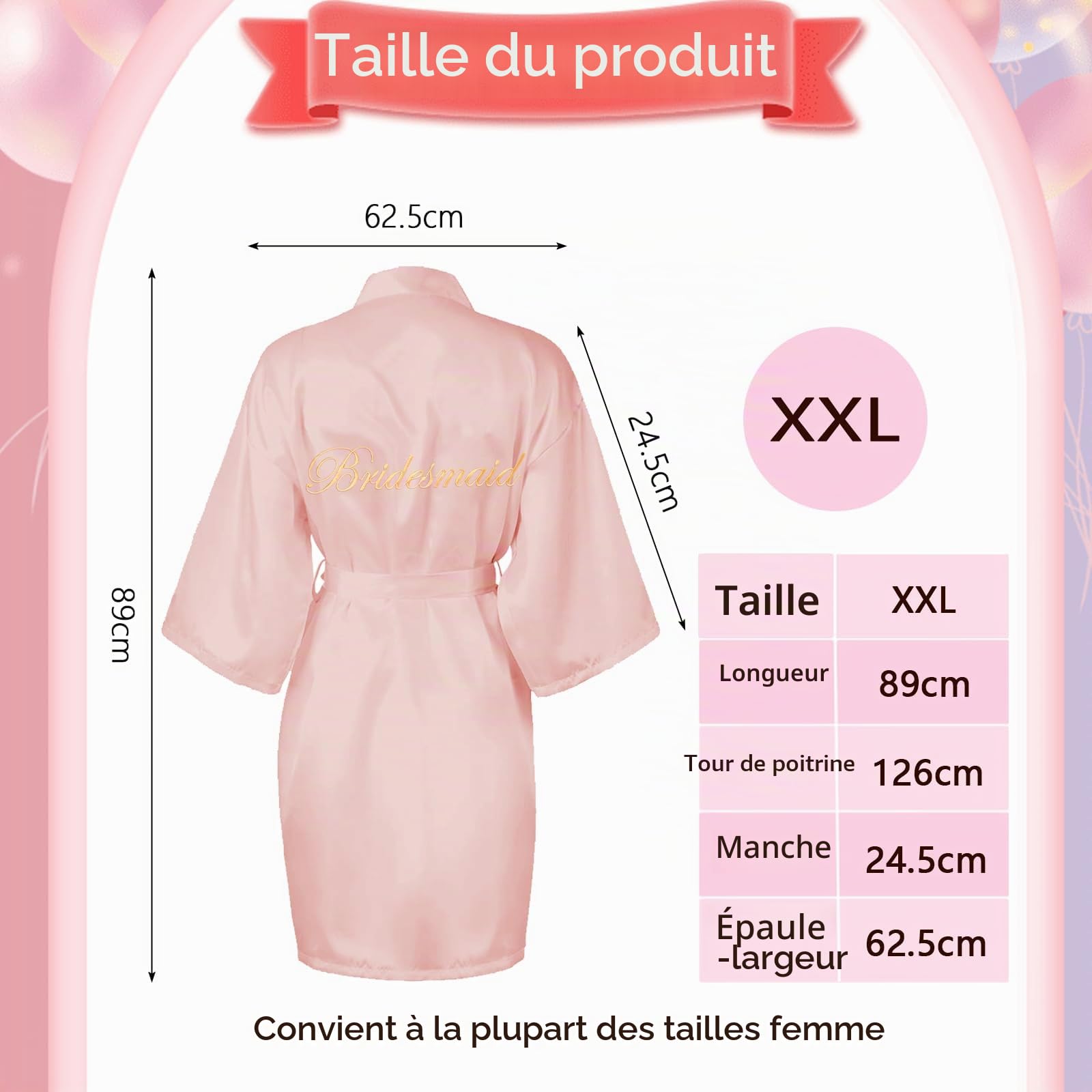10 pièces de robes de bain en satin pour mariée, demoiselles d'honneur – 1 peignoir de bain blanc pour mariée, 9 robes de bain en satin rose pour demoiselles d'honneur, mariage, enterrement de