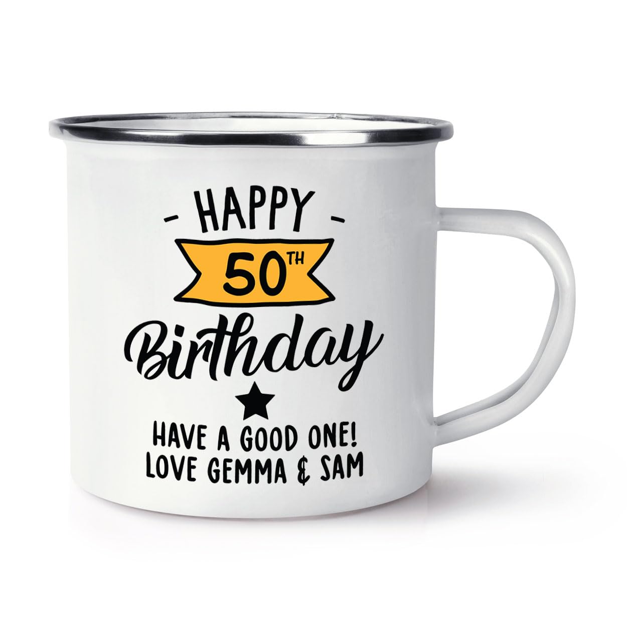 Personalised Happy 50th Birthday Yellow Banner Enamel Mug Cup