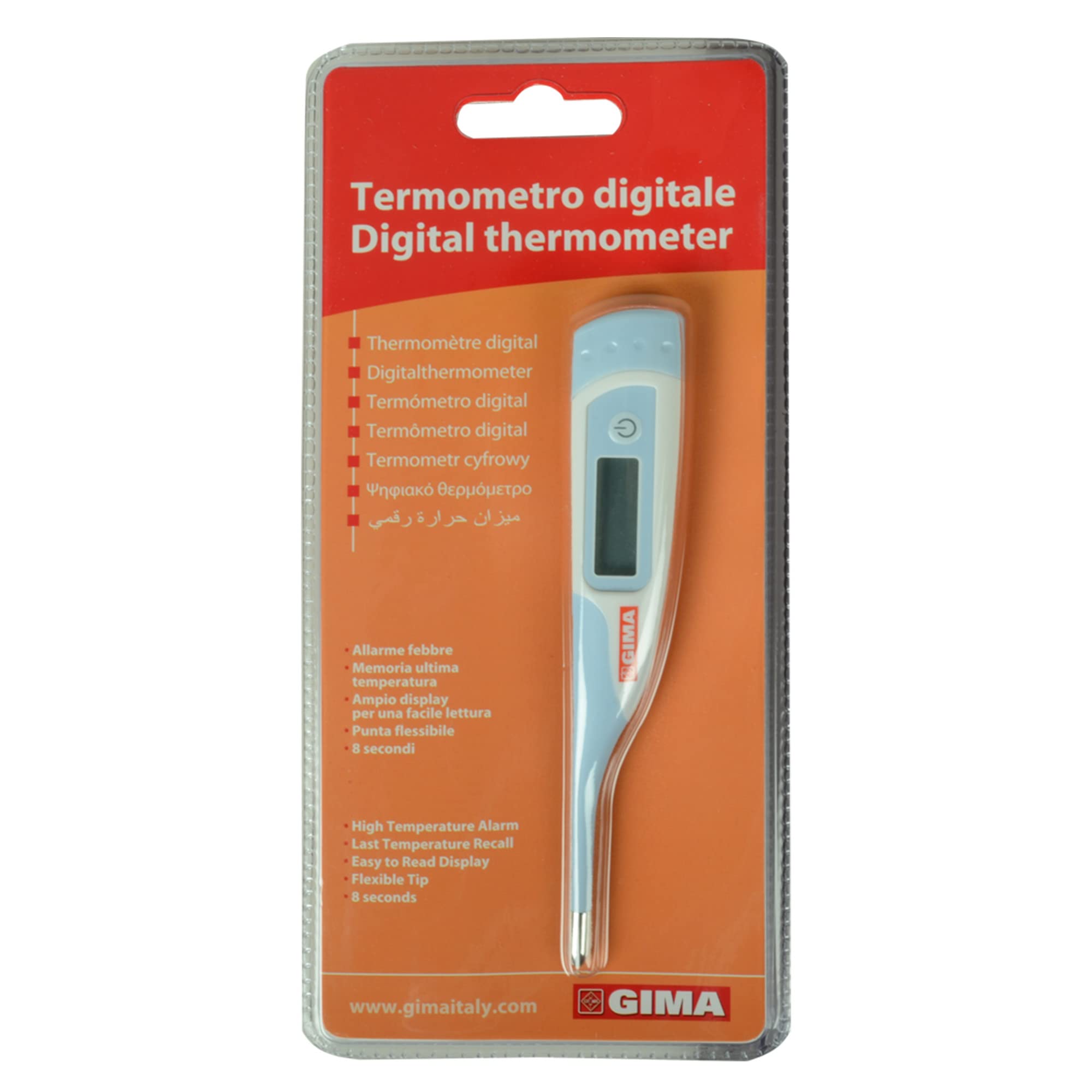 GIMA Termometro Digitale Istantaneo 8 Secondi °C/°F Punta Flessibile Impermeabile Display LCD Allarme Febbre