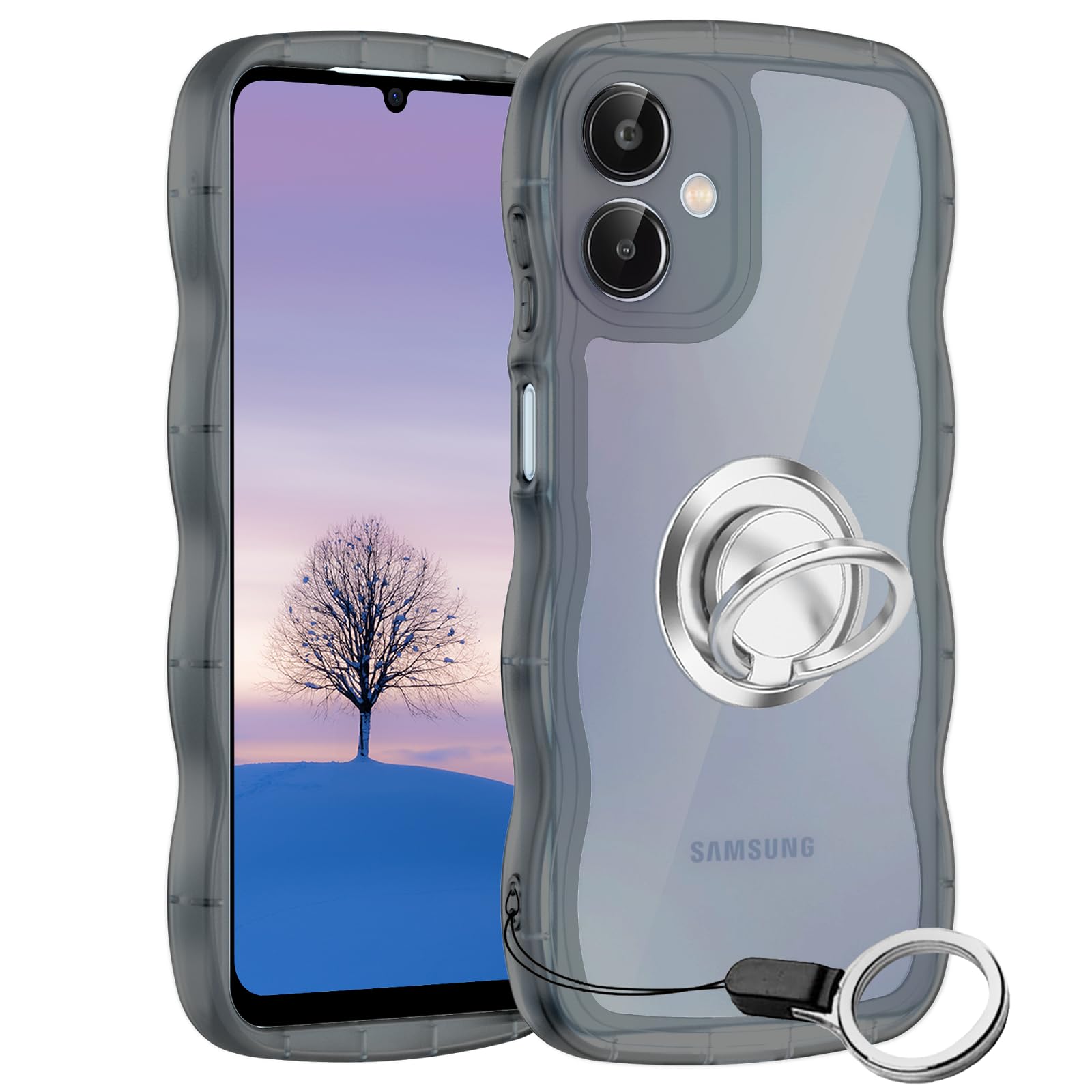 Galaxy A25 5G ケース ブラック ウェーブ リング付き TPU波状のバンパー 半透明 スマホケース かわいい うねうね ギャラクシーA25 5G SC-53F SCG33 ウェーブ デザイン 可愛い 韓国 女性用 薄型 人気 おしゃれ 耐衝撃 ストラップホール付き(ブラック)