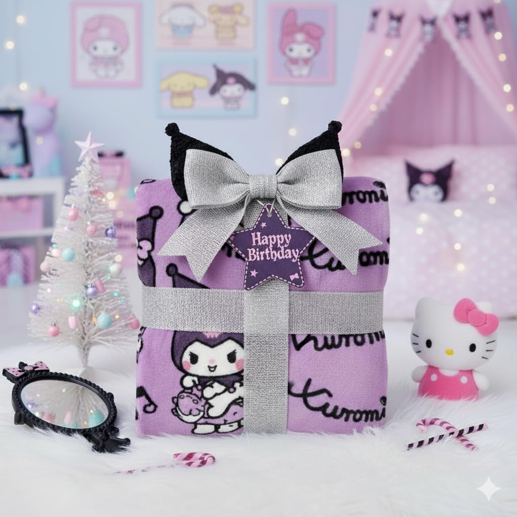 Kanguru - Soffice Plaid Divano in Pile Kuromi, 130x170 cm, Coperta Pile Microfibra Kawaii per Bambina o Donna, Idea Regalo Divertente Natale Compleanno, per Casa, Divano, Letto, Cameretta, Viola