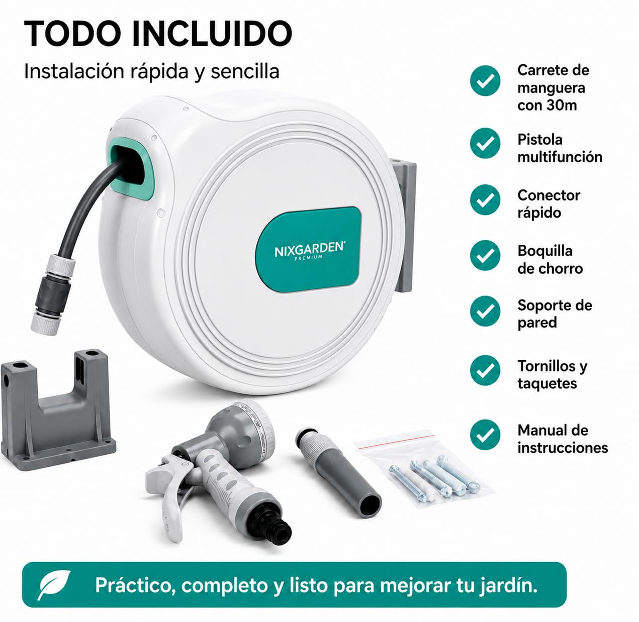 Enrollador de manguera automático con soporte de pared – Sistema auto rewind, soporte giratorio, pistola pulverizadora multiusos, guía anti-desgaste
