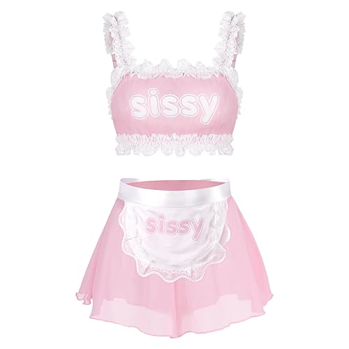 LittleForBig Unisex Einstellbare Spitzenband Nachtwäsche Mesh Lingerie Loungewear Sissy Maid Durchsichtige Bralette Rocked Panties Set mit abnehmbarer Schürze - XS - Rosa