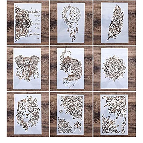 A4 Size DIY Craft Mandala Stencil for Painting Scrapbooking Stamping Stamp Album Paper Card Stencil Template, Pack of 9