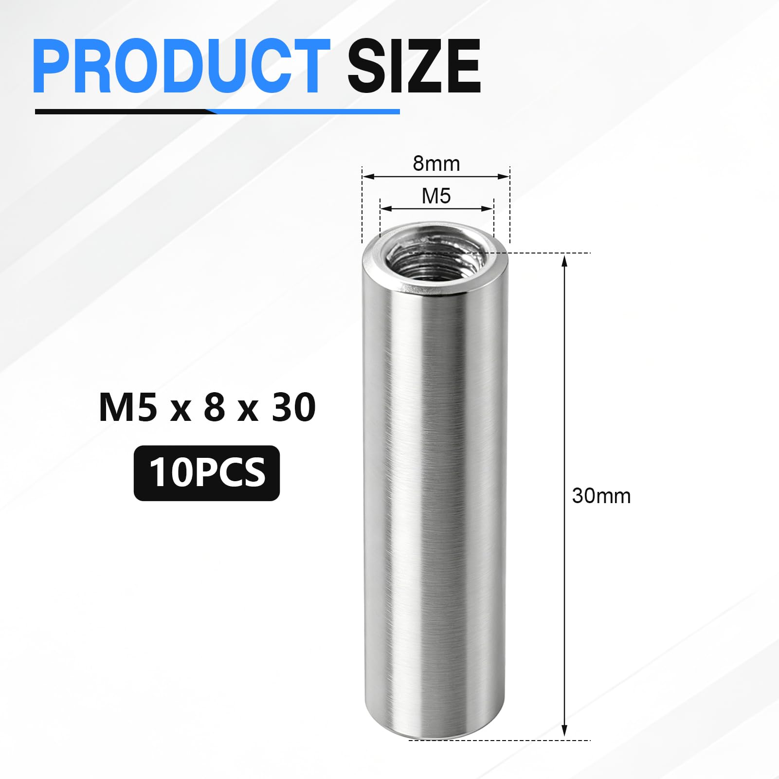 10 sztuk tulejek gwintowanych M8, długie nakrętki M5 x 30 x 8 mm, 304, ze stali nierdzewnej, okrągłe nakrętki łączące, nakrętki łączące, nakrętki łączące, gwint wewnętrzny, mufy dystansowe, nakrętki