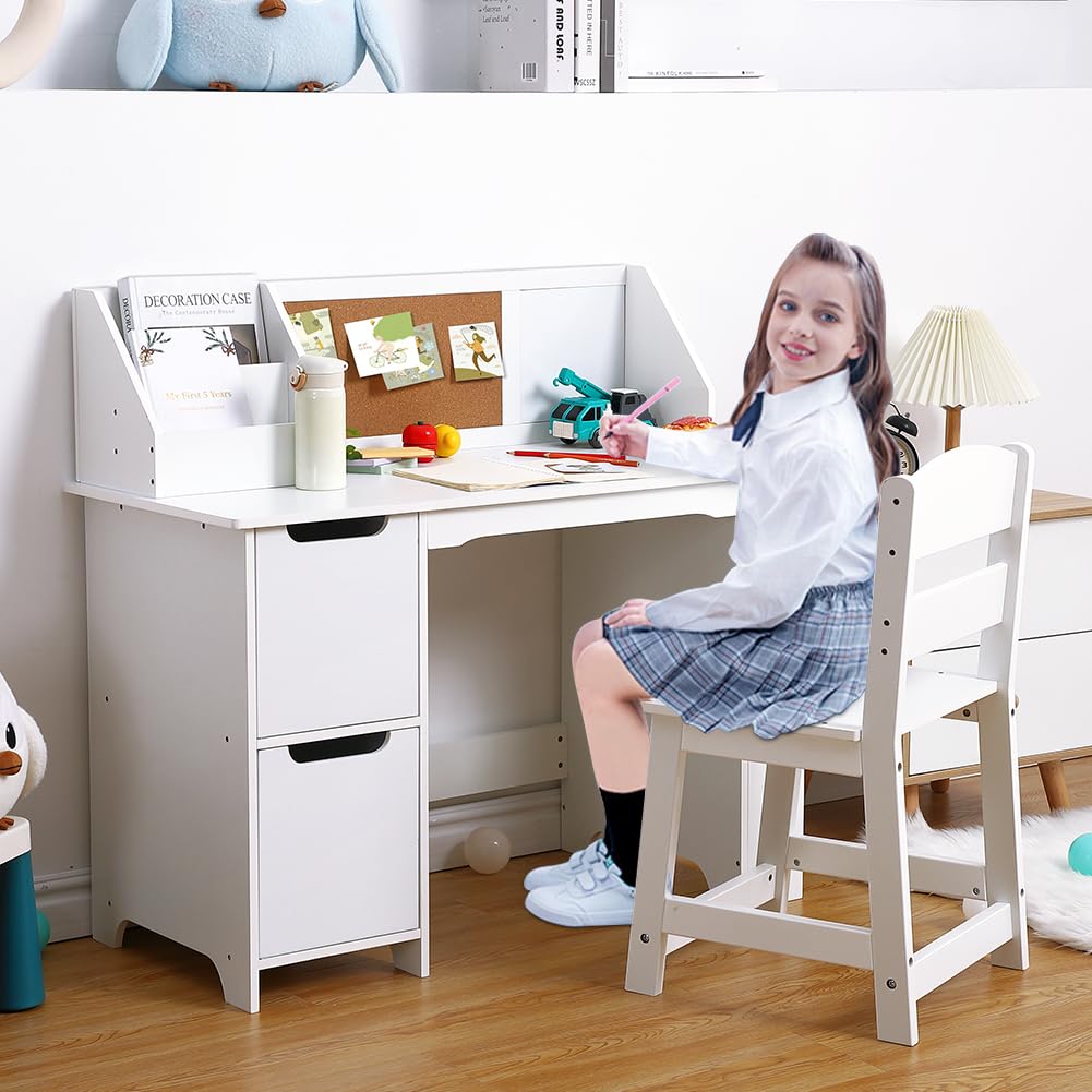Garvee Ensemble Bureau et Chaise pour Enfants, Bibliothèque, Table et Chaise en Bois avec Étagère de Rangement, Table d'étude pour Chambre Enfant de 3 à 8 Ans
