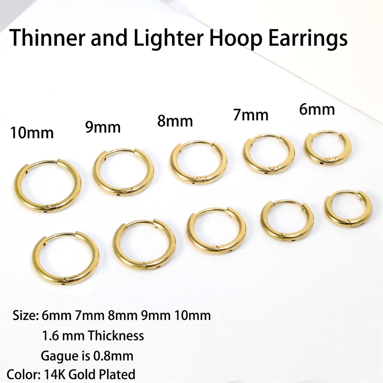 Dainty Small Gold Hoop Earrings for Women Set: 5 Pairs Lightweight 14K Gold Minimalist Huggie Hoop Earrings Cartilage Hoop Earring Helix Earring Tiny Gold Hoops for Women Men 1.6MM Thickness Hypoallergenic Earring Sets for Multiple Piercing - Image 3