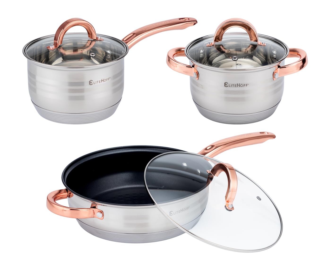 EliteHoff Topfset Induktion, Kochtopf Set mit Glasdeckel, 7-lagiger Edelstahl Topf- & Pfannensets mit Deckel, Griffe in Roségold, Kochgeschirr Set für alle Herdarten (12-teilig)