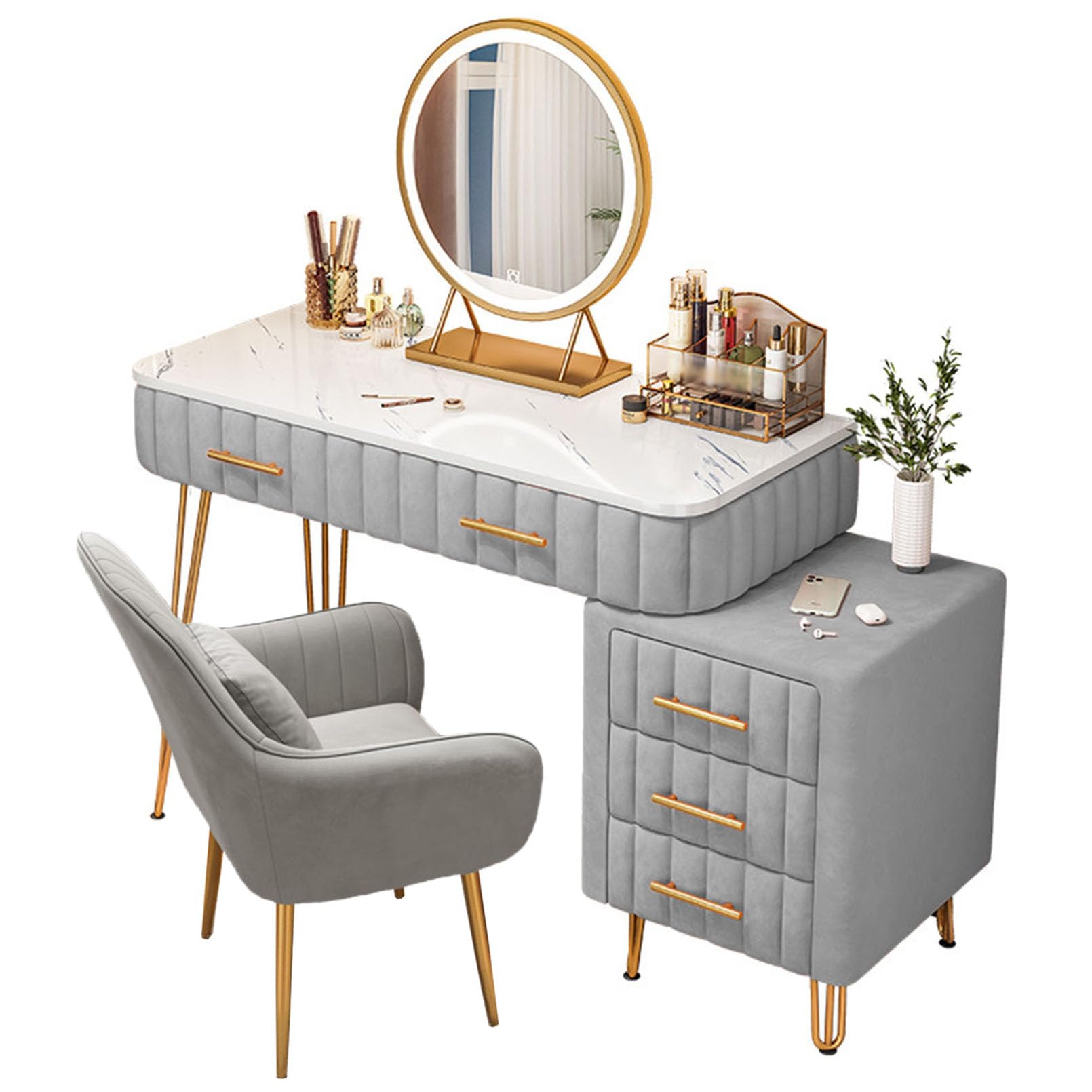 asdchZen Lighted Makeup Mirror With 5X Magnification Vanity Table Set With Cushioned Stool Perfect Bedroom Gift For Girls And Women