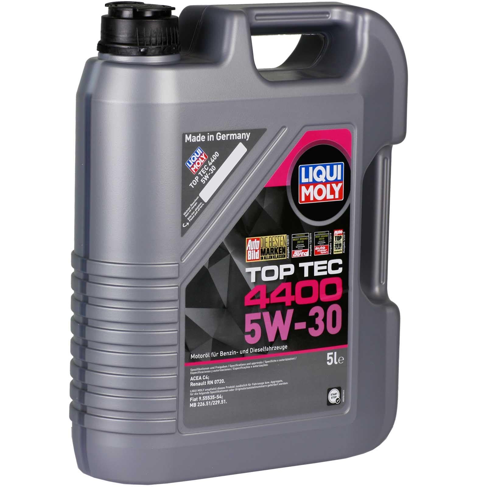 LIQUI MOLY Aceite de motor 5W-30 Top Tec ACEA C4 4400 5L Compatible con NISSAN Qashqai II J11, J11, RENAULT Megane 3 Grandtour KZ0/1 Clio 4 Grandtour KH, MERCEDES-BENZ Clase C T-modell S204 | 3751, Top Tec 4400 5W-30