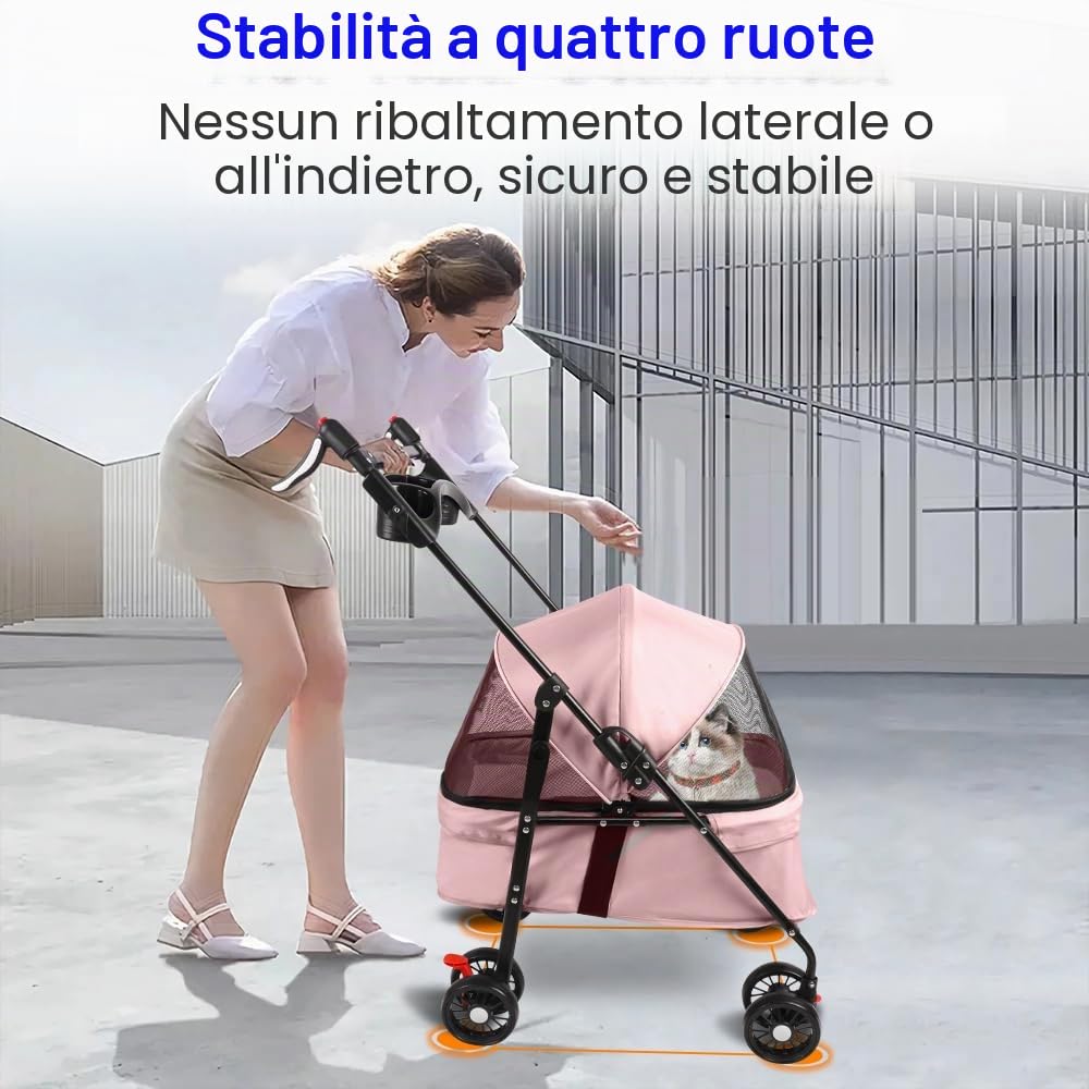 Homewell Passeggino per cani 2 in 1, con 2 portabevande, pieghevole, con freno di stazionamento, passeggino per animali domestici, 50 x 70 x 99 cm (rosa)
