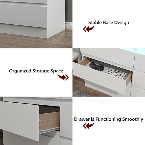 Miniatura 6 de Cómoda de 9 cajones con toma de corriente, cómoda moderna blanca con luces LED, cómodas de madera con soporte para TV, organizador de cómodas dobles