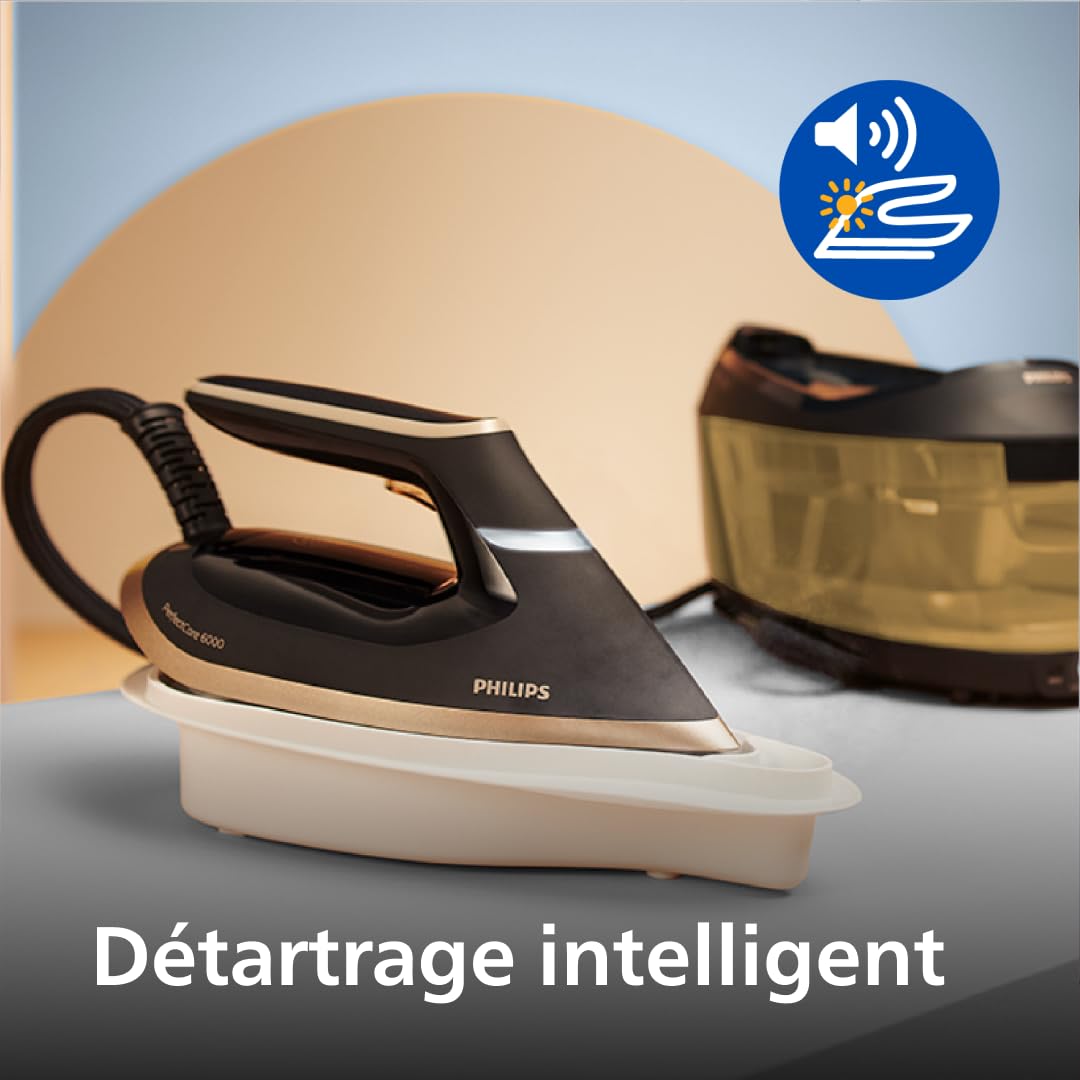 Philips Centrale Vapeur PerfectCare Série 6000 - Puissance 2400W, Effet Pressing 600g, Pression 8 bars, Technologie OptimalTEMP, Semelle SteamGlide advanced, Réservoir 1.8L, Noir/Doré (PSG6064/80)