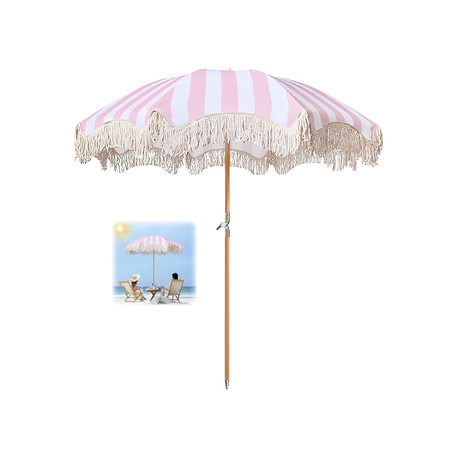 ELZEM Rosa Parasol Playa Protección UV 180cm Parasol Terraza Exterior Parasol Jardin Con Flecos Sombrilla Terraza Inclinable Para Terraza Piscina Patio Exterior/Bolsa De Transporte
