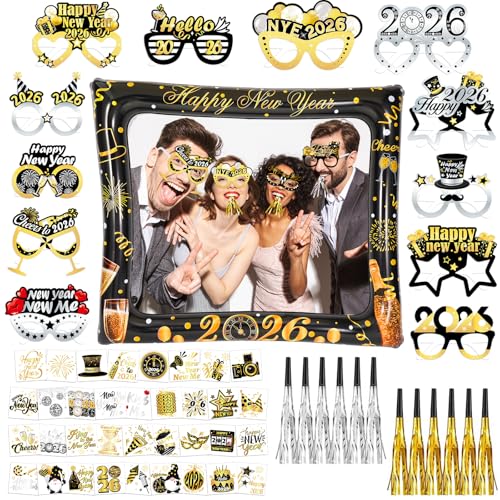 HOWAF Decorazioni Capodanno 2026 Photo Booth, Happy New Year Cornice Selfie Gonfiabile Buon Anno Nuovo, Occhiali di Carta, Tatuaggi Temporanei, Trombette per Gadget Capodanno 2026, Nero Oro