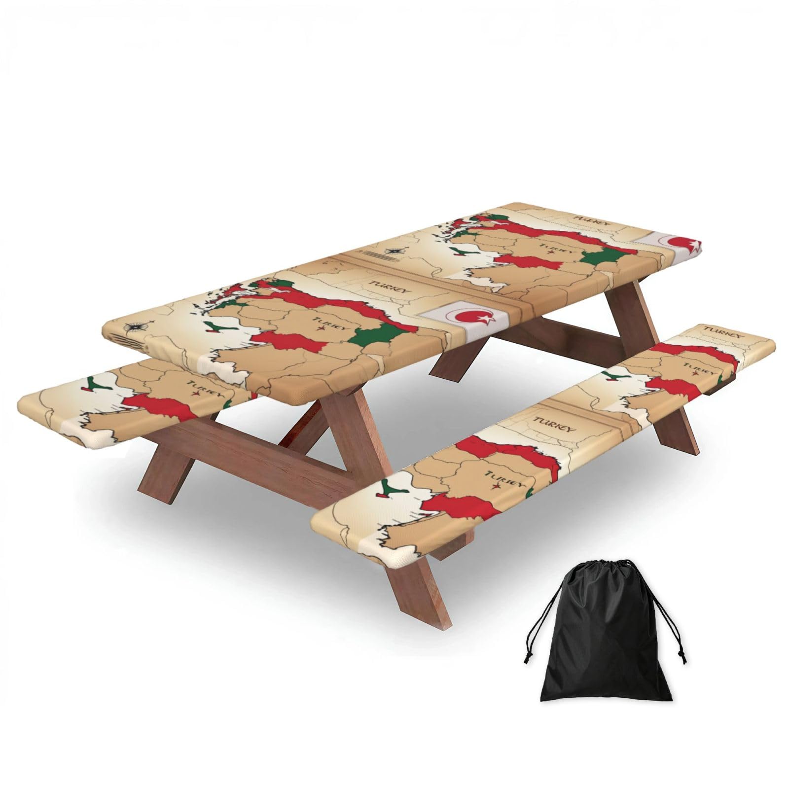 Duwaa Black Turkey Topographic Map With Flag Print 183Cm Picnic Table Cover With Bench Covers, Waterproof Elastic Tablecloth Set For Outdoor
