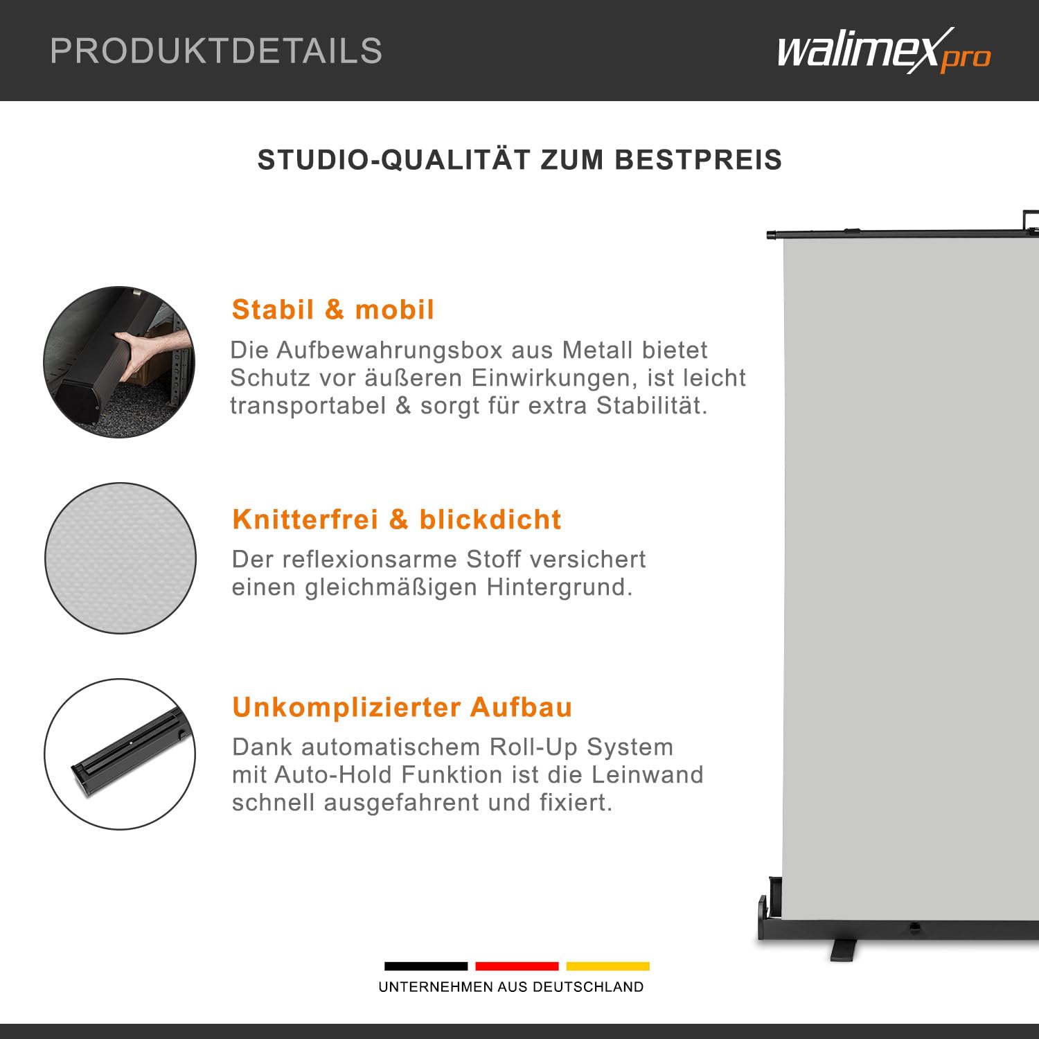 Walimex pro Roll-up Panel Hintergrund grau 155 x 200 cm, Fotohintergrund mit Transportbox, Hintergrundsystem für Fotostudio, knitterfreie Fotoleinwand ideal für Portraits und dezente Lichtakzente