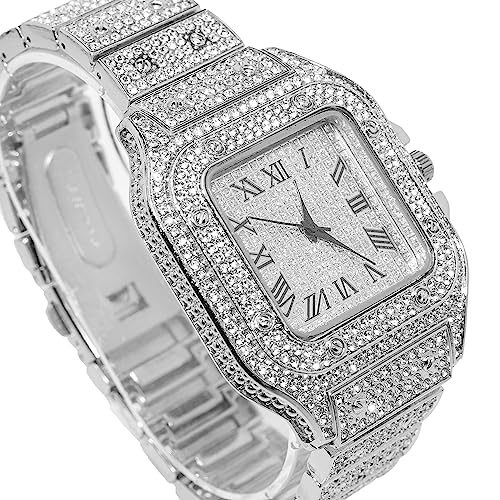 Halukakah WS-HAJWCAWT0014-S-LZ0035-S-20CM Men'S Watch - The King - Platinum Plated, 40Mm Square Dial, Iced Out Wristband,With Cuban Link Chain Bracelet 8 Inch Set thumb #4