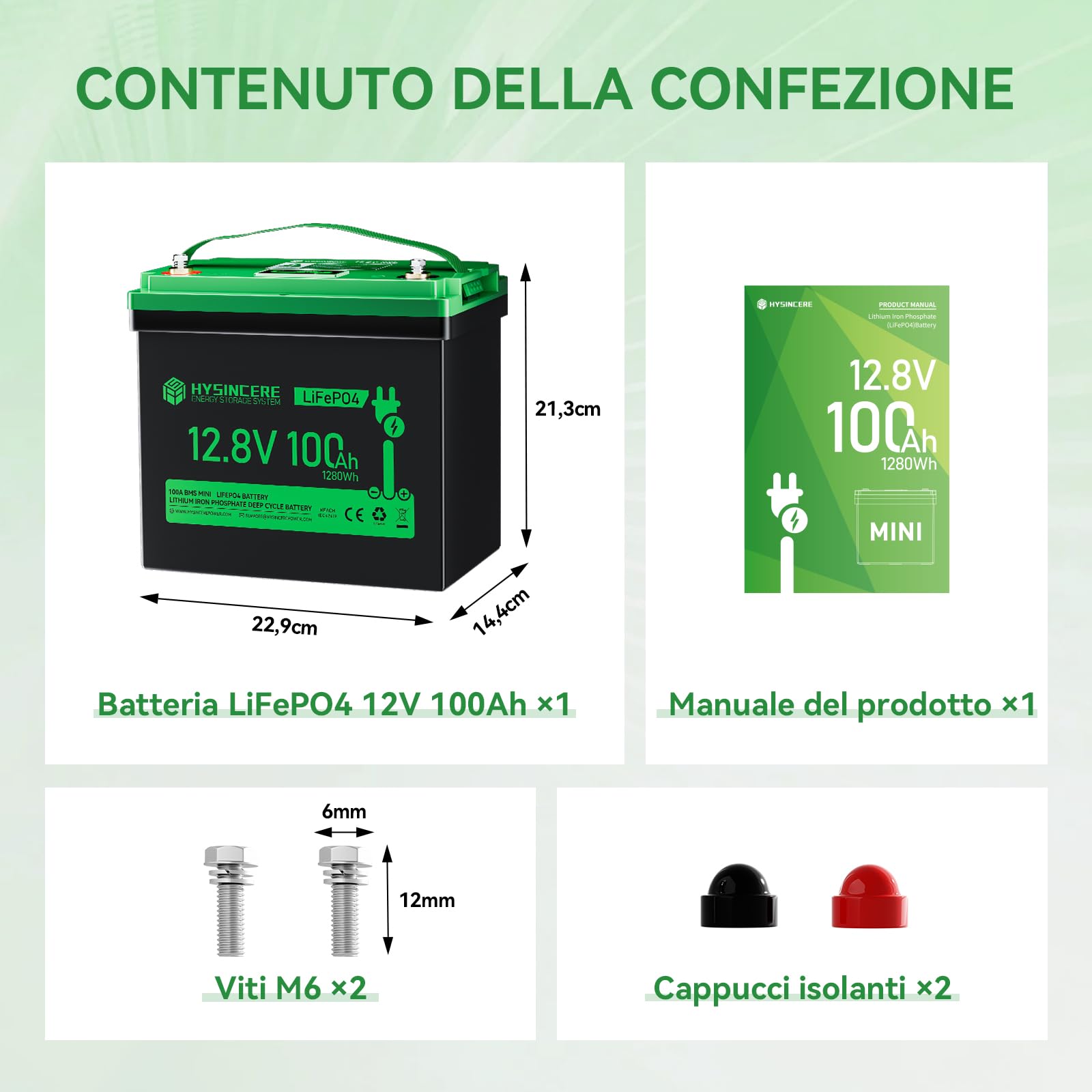 12 V, 100 Ah LiFePO4 MINI Batteria al Litio con LED, Massimo 15000 Cicli e BMS Intelligente da 100 A, Accumulatore a Ciclo Profondo da 12 Volt 1280 Wh Ricaricabile per Camper, Campeggio