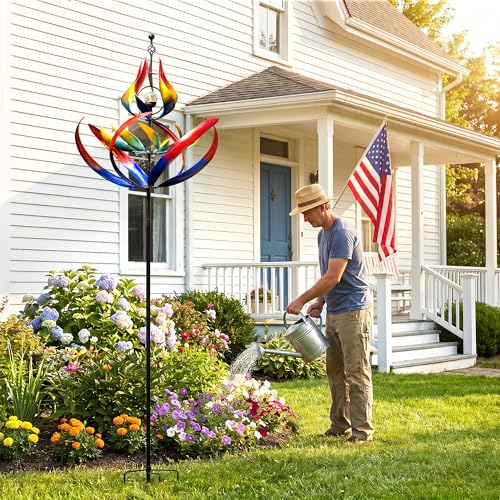 Image of 107 inch Large Solar Wind Spinner Outdoor Metal - 3-Tier Kinetic Wind Sculptures with LED Glass Ball Light, Multi-Color Tulip Windmills for Yard Garden Decor, Patio Porch Lawn Ornament Gardening Gifts