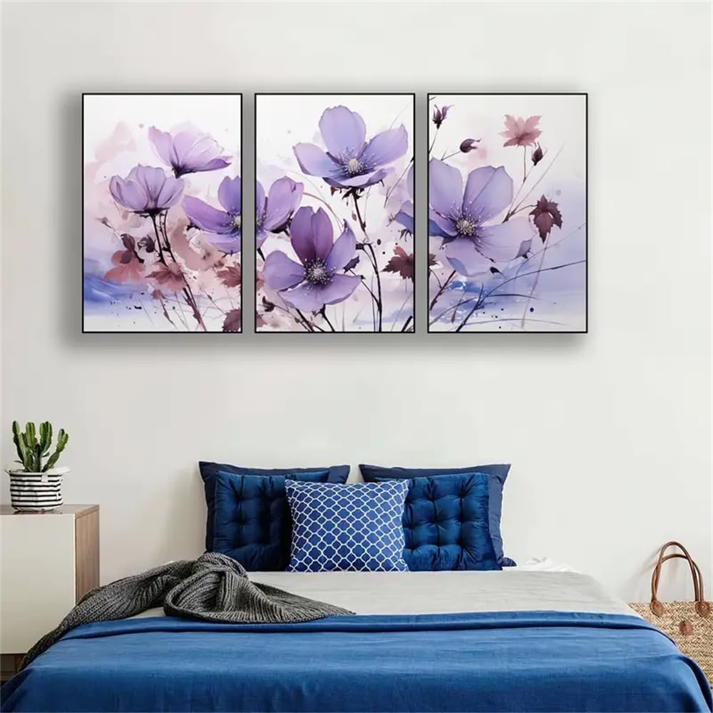 WBYZAC Botanical Posters-Art Canvas Print Posters, Abstract Purple Wildflowers Wall Art Paintings, Artwork for Living Room Bedroom Office Hallway Kitchen Wall Decors-60 * 70cm*3PCS (No Frame)