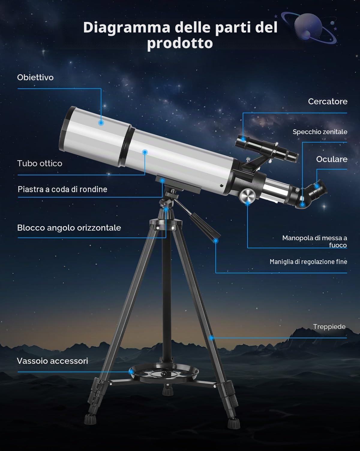 Teleskop Astronomie 90/600mm Telescopio 90 mm Apertura 600 mm Telescopio per Bambini Principianti Telescopiokit Astronomia per Adulti con Zaino e 2 oculari Adattatore Set per astronomia
