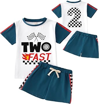Ritatte Two Fast 2nd Birthday Outfit for Boys Race Car Toddler Boy 2 Piece Short Set Checkerboard 2 Year Old Birthday Clothes