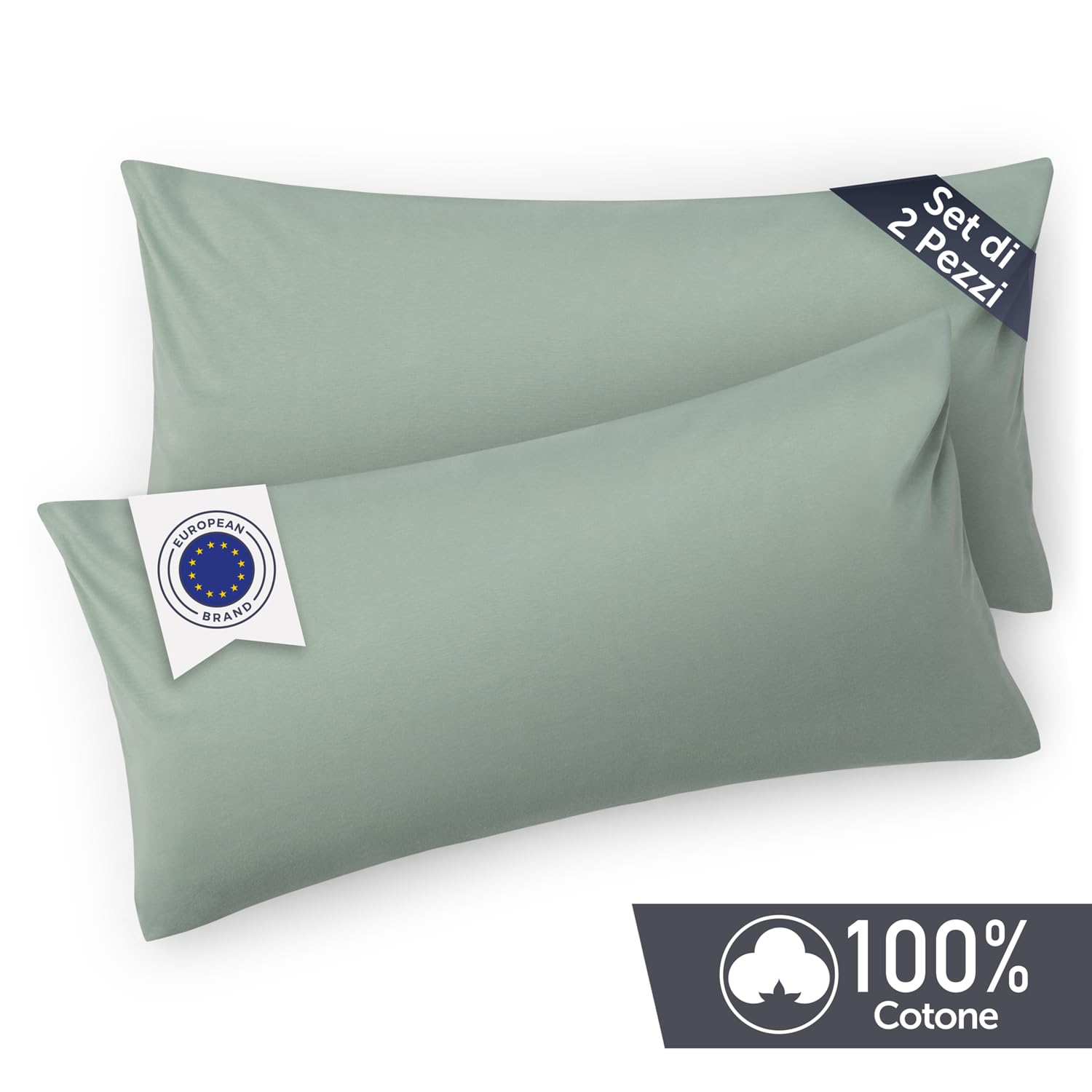 Blumtal Federe Cuscini Letto Matrimoniale Cotone - Federe Cuscini 40x60-100% Cotone, Set di 2 Federe in Jersey con Cerniera, Federa certificate Oeko-Tex, Cuscini per Divano - Verde Chiaro