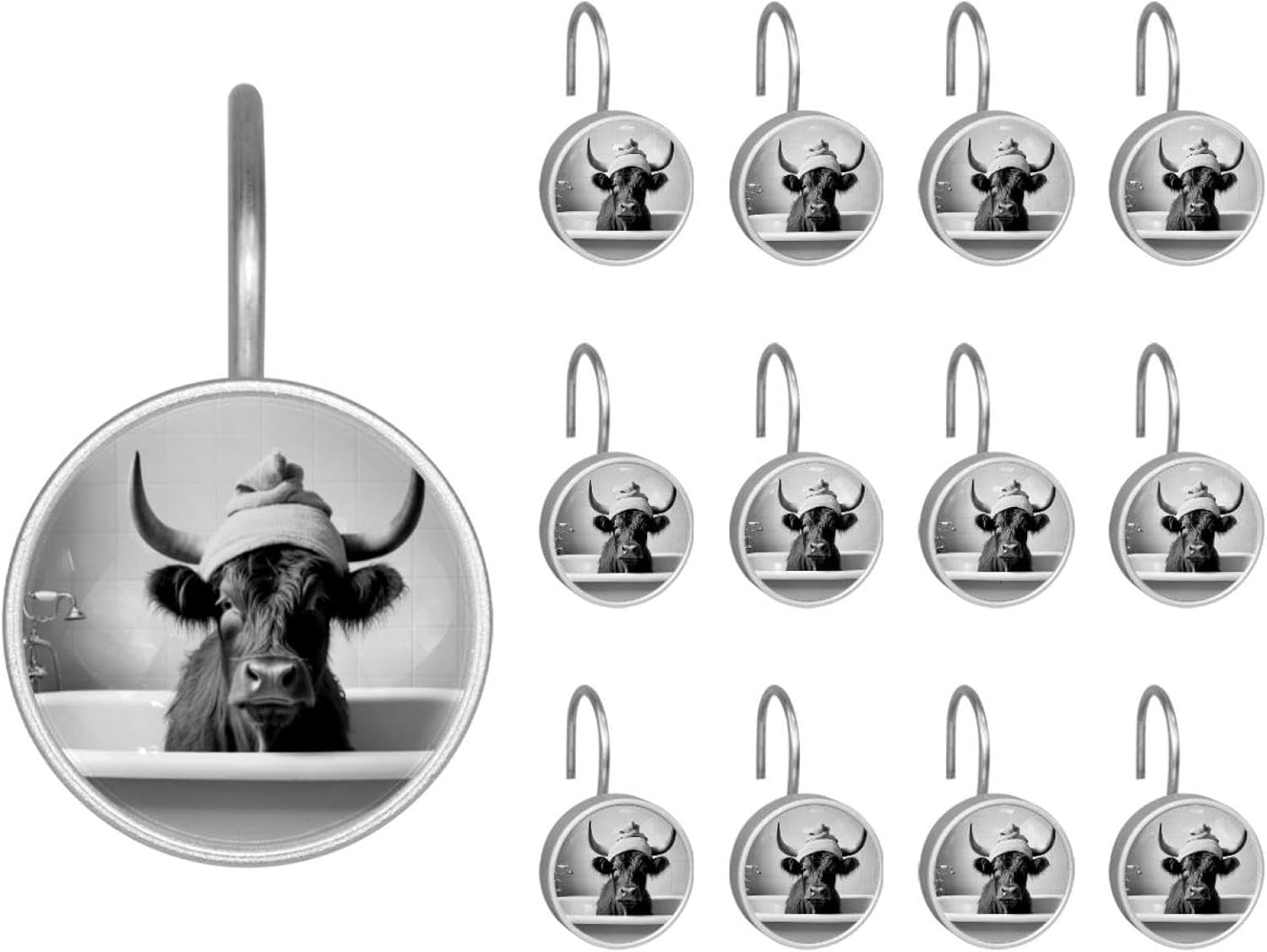 12 Packs Highland Cattle Shower Hooks & Rings Rust Proof Glass Decorative Curtain Hangers for Bathroom Shower Curtain Rod Clothing Towels Kitchen Utensils