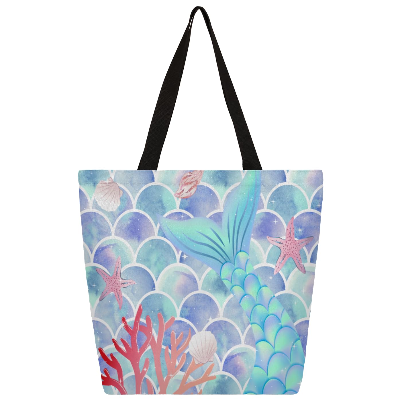 Mularoka Scale Coral Starfish Large Capacity Canvas Tote Bag Stylish Handheld Shoulder Bag Reusable Shopping Bag for Work Travel Beach Trips Shopping